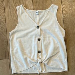 Cream Textured Button Down Tank Top with Front Tie Detail